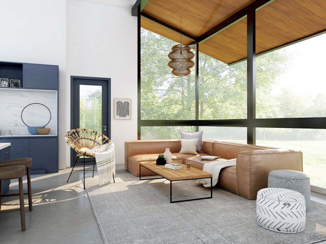 Modern woonkamer met kleurrijk tapijt als vloeraccent Modern woonkamer met kleurrijk tapijt als vloeraccent
