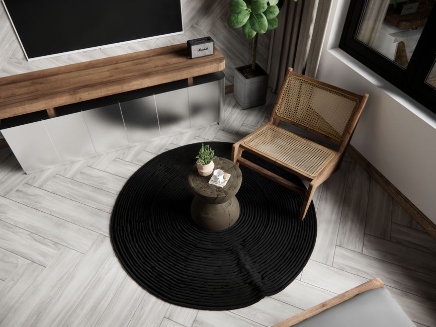 Effen circulair vloerkleed met minimalistisch design. Effen circulair vloerkleed met minimalistisch design.